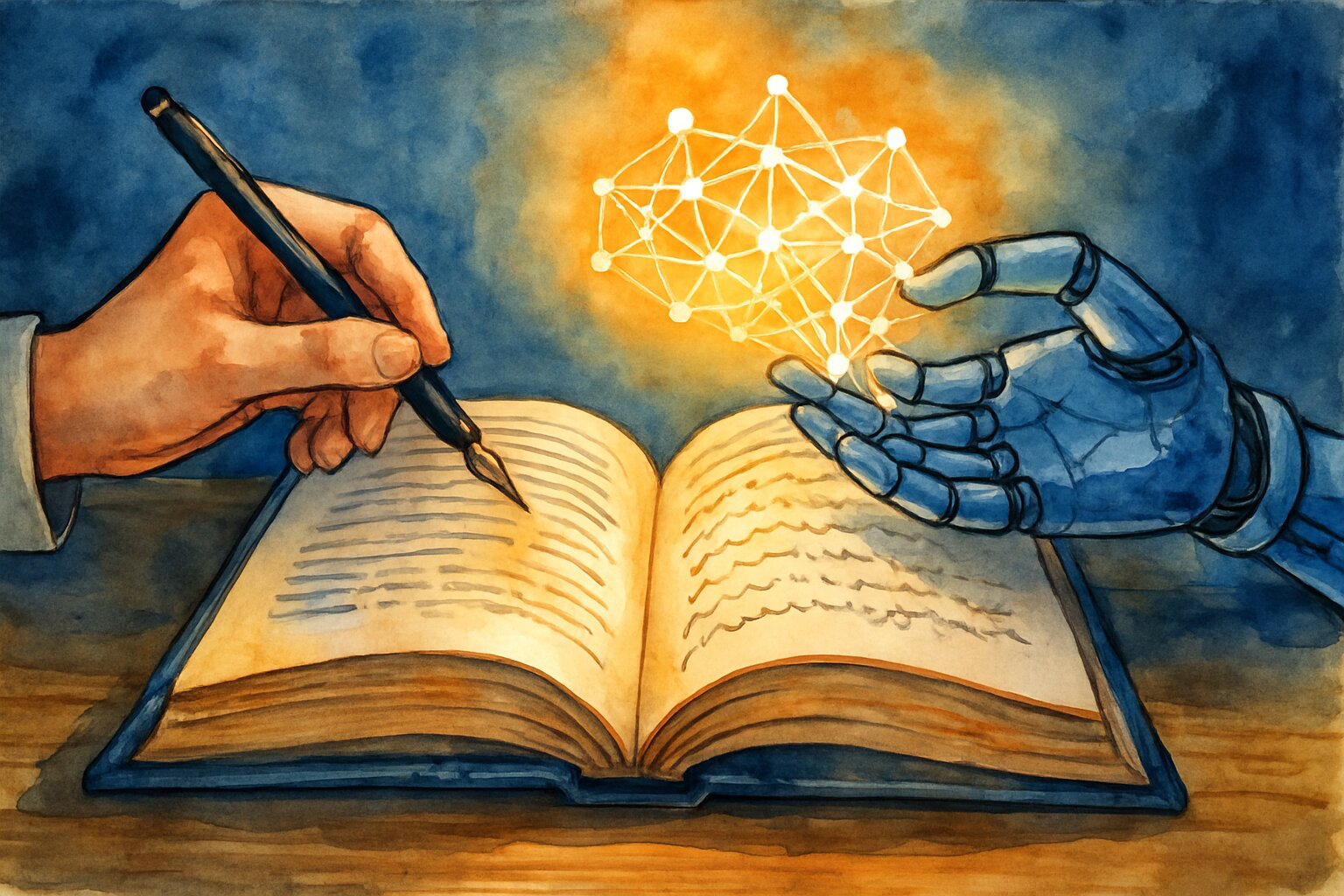 Watercolor illustration of a human hand with a pen and a robotic hand with a neural network both reaching toward an open book