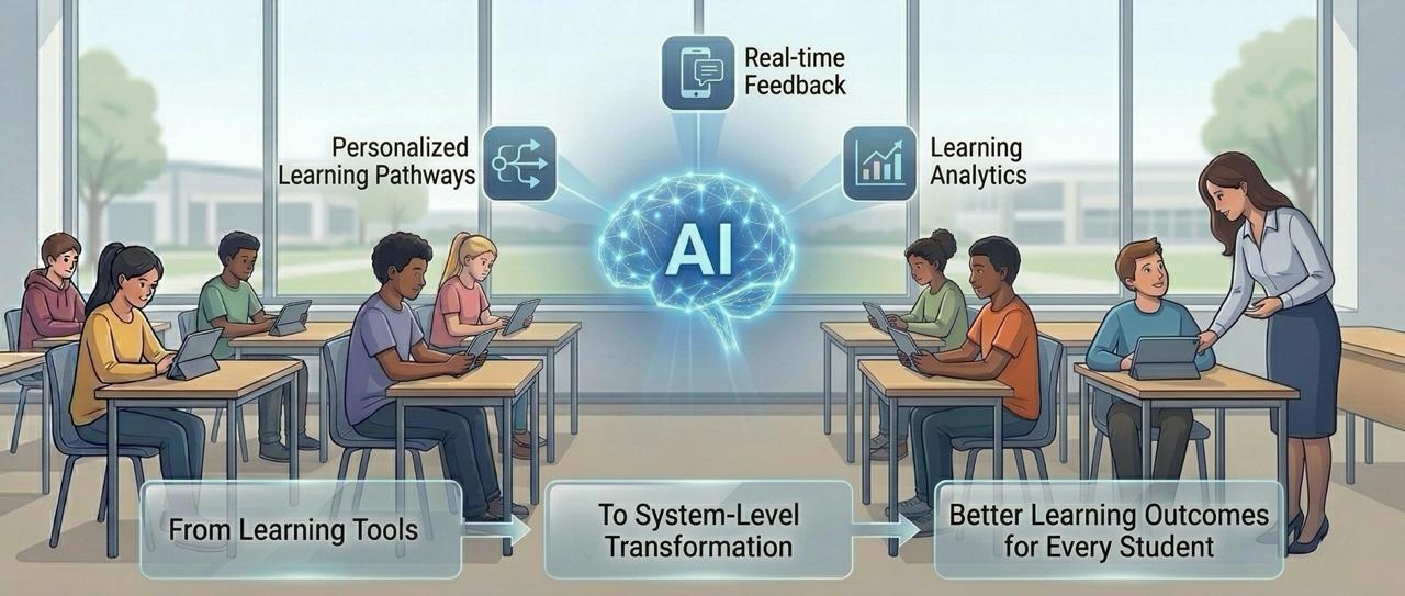 Diagram showing AI in education moving from learning tools to system-level redesign — personalized learning pathways, real-time feedback, and learning analytics leading to better student outcomes