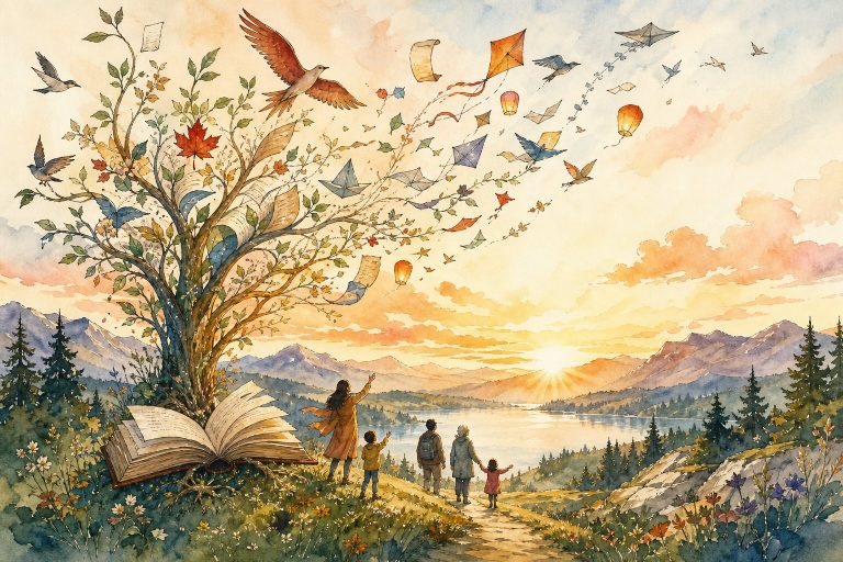 Watercolor and ink illustration of a tree of knowledge growing from an open book on a Canadian hillside, its branches becoming birds, kites, and lanterns rising into a dawn sky as people look up toward the light