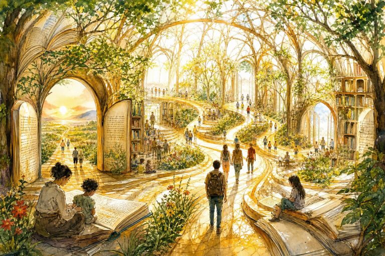 Watercolor and ink illustration of education as a living, light-filled system: a greenhouse-like structure of growing trees, open books, and branching paths of golden light, with diverse learners moving along personalized luminous routes at dawn