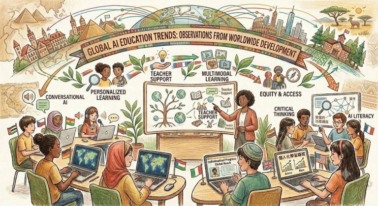 Illustrated montage of students worldwide using AI for personalized learning, teacher support, multimodal learning, critical thinking, AI literacy, and equity and access.
