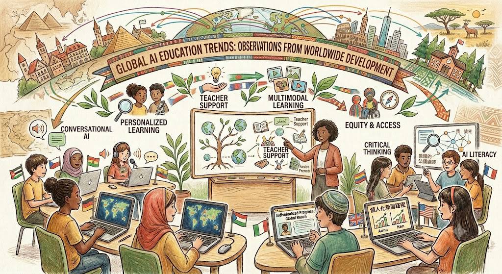Illustrated montage of students worldwide using AI for personalized learning, teacher support, multimodal learning, critical thinking, AI literacy, and equity and access.