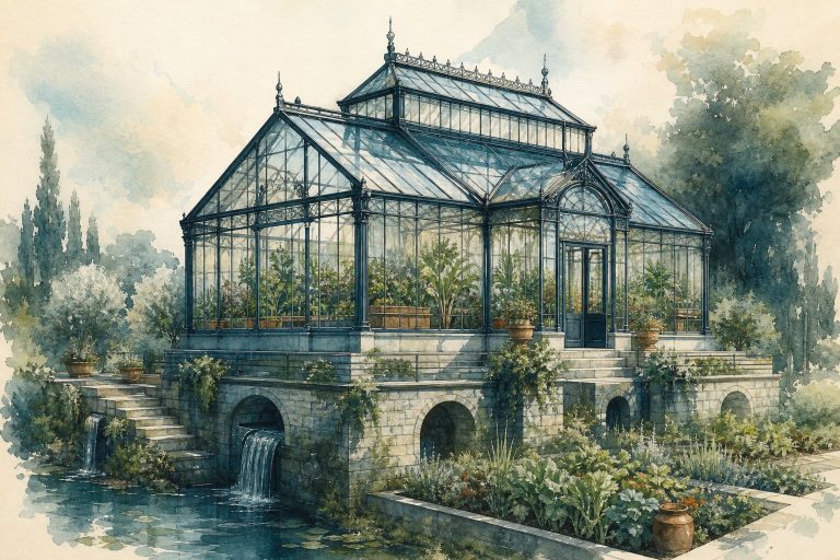 Editorial watercolor illustration of a greenhouse with cultivated plants on stone foundations