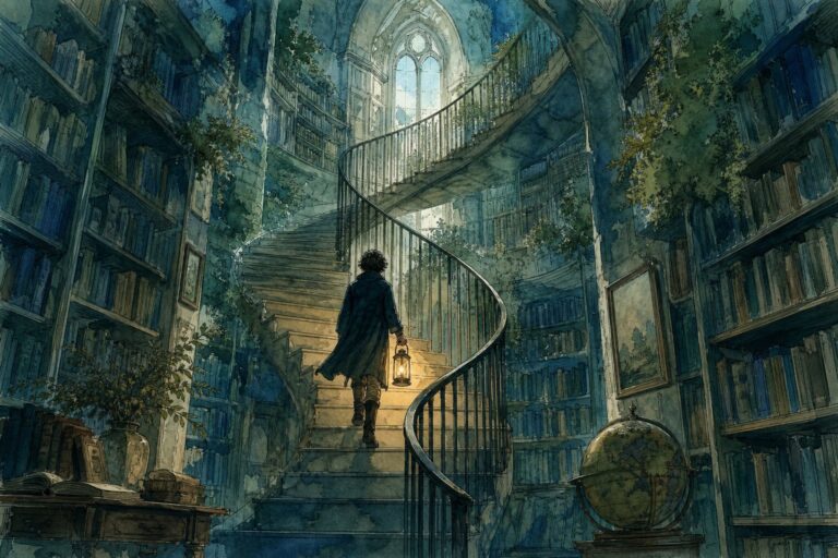 Watercolor and ink illustration: a tall library reading room with a spiral staircase rising toward an arched window, a lone figure climbing with a lantern.