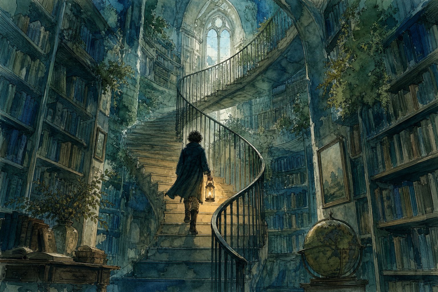 Watercolor and ink illustration: a tall library reading room with a spiral staircase rising toward an arched window, a lone figure climbing with a lantern.