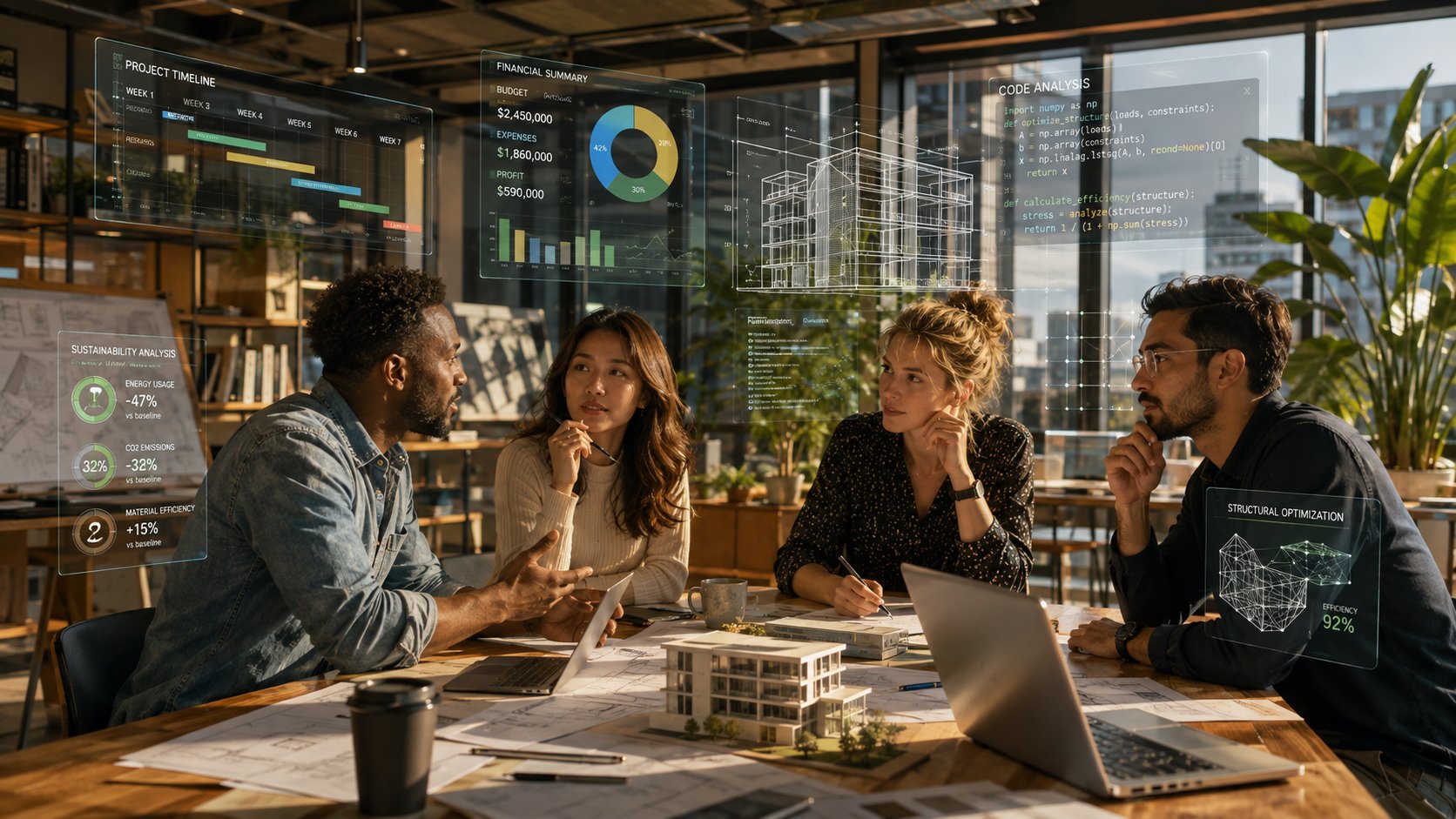Four professionals collaborating around a wooden table surrounded by glowing holographic displays of timelines, data, and designs - an innovative, futuristic workspace.