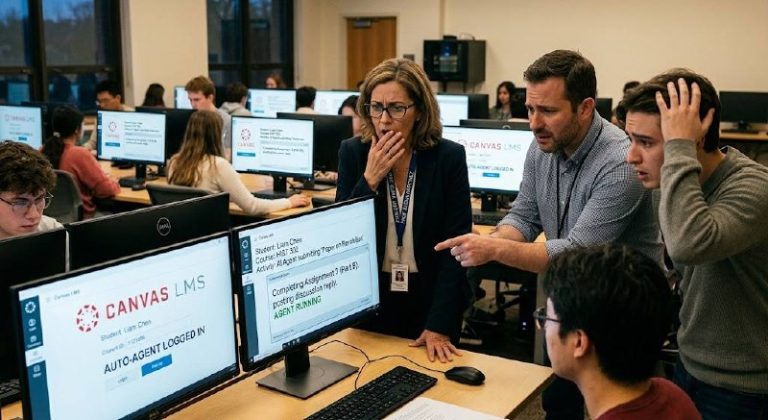 Educators and a student react in shock as an AI agent is discovered completing coursework in a university computer lab