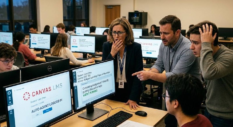 Educators and a student react in shock as an AI agent is discovered completing coursework in a university computer lab