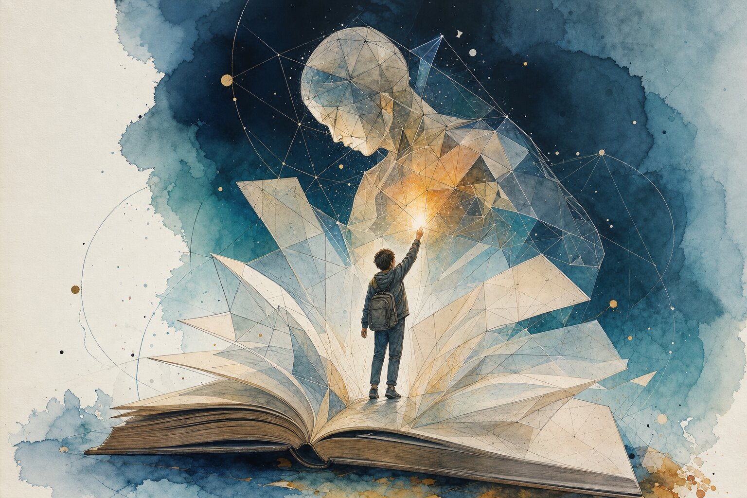 Editorial illustration: an open book unfolding into a luminous 3D geometric human form a student reaches up to explore