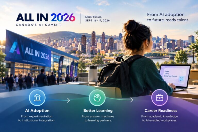 ALL IN 2026, Canada AI Summit in Montreal: a student with a laptop faces the city skyline beside an infographic running from AI Adoption through Better Learning to Career Readiness.