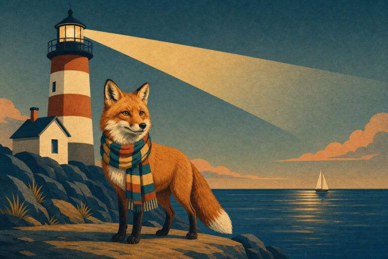 A fox in a colorful scarf keeps a lighthouse light burning over a dark sea, waiting for a small sailboat