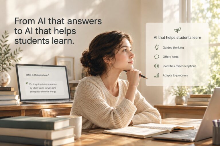 A thoughtful student uses a laptop displaying an AI-generated answer about photosynthesis, with on-screen text promoting AI as a learning assistant.