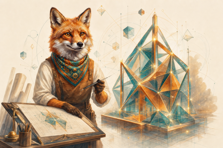 Editorial illustration: the BrainStream fox, wearing its colorful striped scarf, building a luminous geometric structure at a drafting table