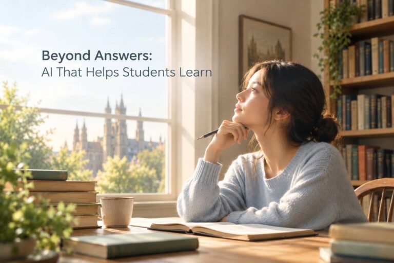A young woman with her hair in a bun sits thoughtfully at a wooden desk before a large window, pencil in hand, looking out at historic campus towers - featured image for Beyond Answers: AI That Helps Students Learn