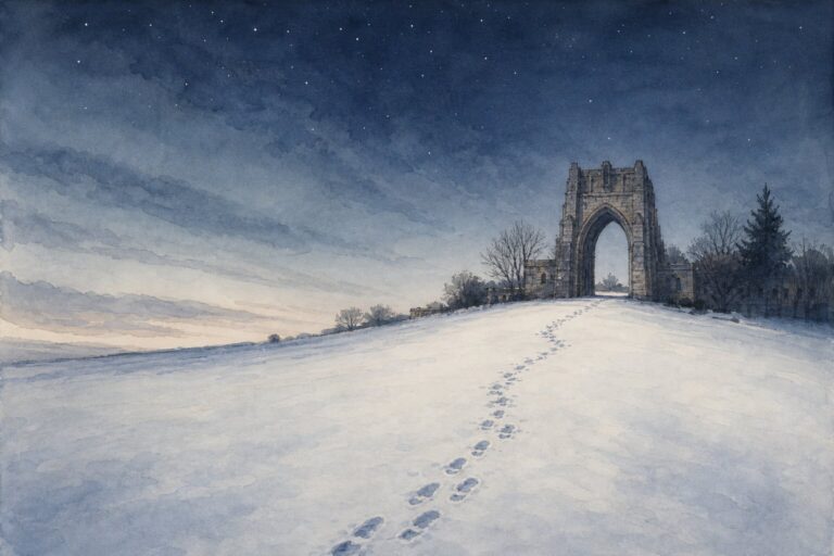Watercolor illustration of a trail of footprints crossing fresh snow toward a stone university archway at dusk